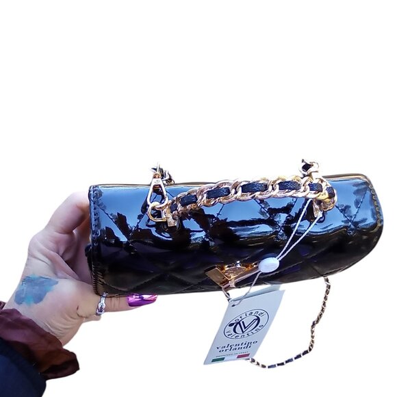 Valentino Orlandi NEW❤️‍🔥Black Patent Leather Chain Twist Lock Crossbody $349 - Picture 6 of 11